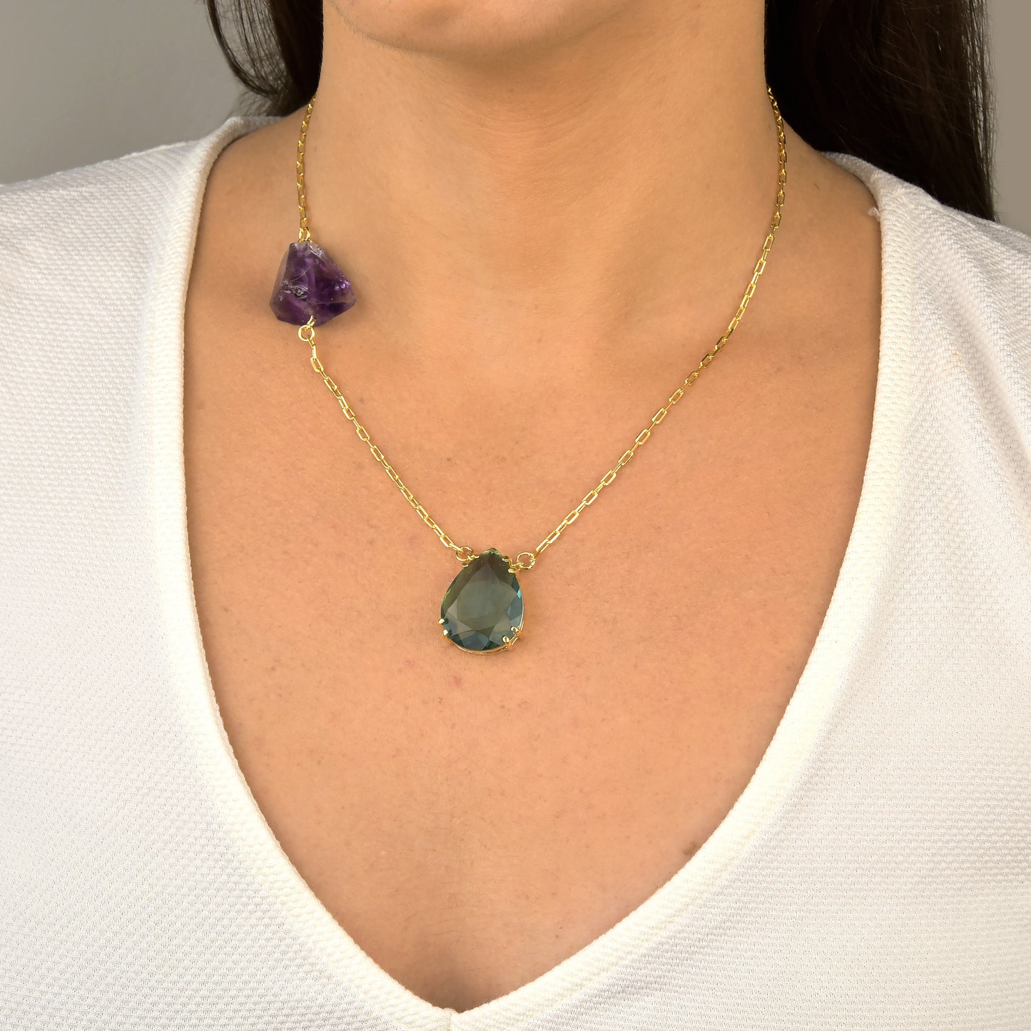 Colar de Ametista Bruta e Topázio Azul